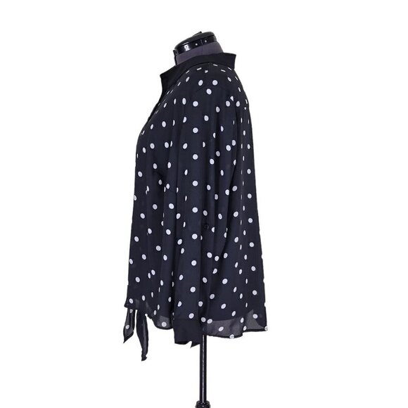 Peter Nygard Blouse Sz 3X Polka Dot Button Front Tie Bottom Roll Tab Black White - Picture 2 of 8